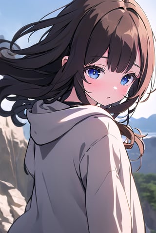 hd, HDR, UHD, 4k, 2k, 6k, 8k, ultra HD, high graphics, best graphics, highest quality, best quality, ultra quality, stunning details, adult, 1girl, dark brown hair, long hair, bushy hair, dark blue eyes, long dark brown hair, wearing all black drawstring hoodie, bushy hair, hiar blowing through wind, scenery, cliff