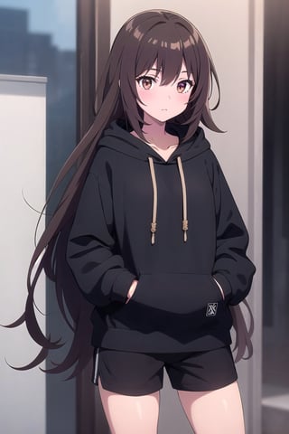 1girl, age 35, height is 5 2, super long bushy dark brown hair, long hair, dark brown hair, bushy hair, messy hair, fully black drawstring hoodie, full black clothing, black shorts, black hoodie