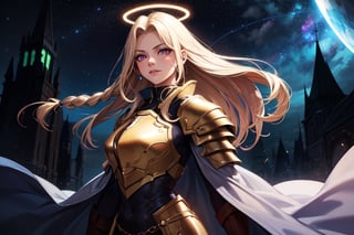 1girl, beautiful aasimar, 30 Years, medium breast, paladin violetarmor, arrogant glowing violet eyes, dominant face, blonde long hair, braided, fantasy town outdoors, athletic, halo, muscular, volumetric lighting, best quality, masterpiece, universe background