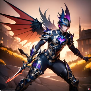 ((armor using a bright and purple color palette)),(((flashing red and black wings))),(((wielding a sickle-shaped spear, flashing light))),. Emphasize (((intricate details))), (((highest quality))), (((extreme quality of detail))). , getting inspired, mid-journey, detailed painting, deep colors, fantastic and intricate details, splash screen, complementary colors, fantasy concept art, 8k trending resolution in Artstation Unreal Engine 5, bioluminescent, r3al photography, r3al photp, more XL details, dripping paint, dynamic lighting, fantasy, flaming eyes, intricate details, sharp focus, masterpiece: 1.2), ultra-light portrait,chiaroscuro, (((Peach flower garden background))),Detailed matte painting, deep color, fantastical, intricate detail, splash screen, complementary colors, fantasy concept art, 8k resolution trending on Artstation Unreal Engine 5,chiaroscuro, bioluminescent, Jim Lee art, photo r3al,photo r3al,Extremely Realistic,more detail XL,dripping paint