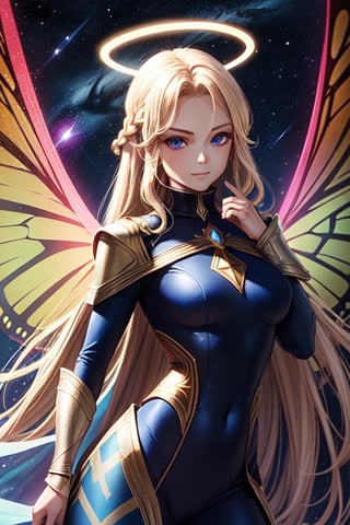 1girl, (beautiful Asur) , 20 Years, small breast, violet cloth armor, arrogant bright blue eyes, dominant face, blonde long hair, braided, Giant pink butterfly wings, halo, volumetric lighting, best quality, masterpiece, universe background