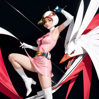 realistic photography, 1 American-Japanese mixed-race gir, 16 years old, Jun ,Gatchaman, 168cm((  **
leg extension,1000mm shutter, 1/1000,8K)), lanky, wearing a swan-head-like helmet with a transparent glass plate like a beak covered the front face,on loak with jagged shapes in the end, pink superhero-like mini skirts suit, naturally sexy, {{masterpiece}}}, {{{best quality}}}, {{{ultra-detailed}}},(masterpiece, best quality, ultra-realistic ),(( beautiful face)),short hair,breasts,green eyes,lips,medium breasts,lipstick,white legwear,pink dress,superhero,bodysuit,cape,gloves,helmet,belt,elbow gloves,white gloves,mask,mini skirt,fight scene,