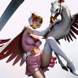 realistic photography, 1 American-Japanese mixed-race gir, 16 years old, Jun ,Gatchaman, 168cm((  **
leg extension,1000mm shutter, 1/1000,8K)), lanky, wearing a swan-head-like helmet with a transparent glass plate like a beak covered the front face,on loak with jagged shapes in the end, pink superhero-like mini skirts suit, naturally sexy, {{masterpiece}}}, {{{best quality}}}, {{{ultra-detailed}}},(masterpiece, best quality, ultra-realistic ),(( beautiful face)),short hair,breasts,green eyes,lips,medium breasts,lipstick,white legwear,pink dress,superhero,bodysuit,cape,gloves,helmet,belt,elbow gloves,white gloves,mask,mini skirt,fight scene,