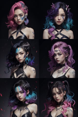 black Pop girl group with 6 members colorful hair and glowing eyes 