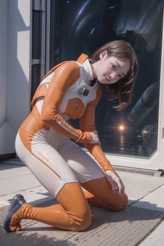 1 korean girl, full_body, looking at viewer, blue eyes, brown hair, in the lab of the spaceship,((orange suit:1),
,spacecraft,orange mix white suit,from window can see the galaxy,midnight,hands,((Kneeling on the ground:1.5))