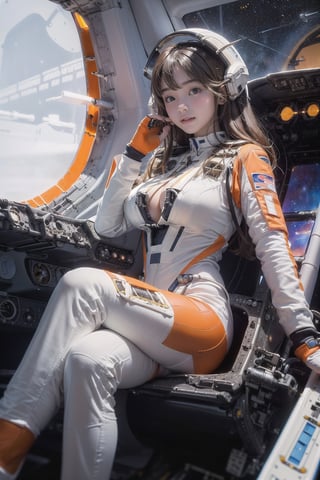 1 korean girl, full_body, looking at viewer, blue eyes, brown hair, in the ((spaceship cockpit:1.5)),spacecraft,(orange with white suit:1.5),from window can see the galaxy,midnight,hands,((big tits:1.2)),((sitting in the cockpit:1.5)),front-view,