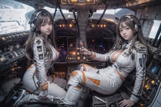 2 korean girls, full_body, looking at viewer, blue eyes, brown hair, in the ((spaceship cockpit:1.5)),spacecraft,(orange with white suit:1.5),from window can see the galaxy,midnight,hands,((big tits:1.2)),((sitting in the cockpit:1.5)),front-view,multiple girls,mechanical,metal