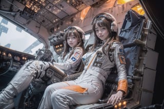 2 korean girls, full_body, looking at viewer, blue eyes, brown hair, in the ((spaceship cockpit:1.5)),spacecraft,(orange with white suit:1.5),from window can see the galaxy,midnight,hands,((big tits:1.2)),((sitting in the cockpit:1.5)),front-view,multiple girls,mechanical,metal