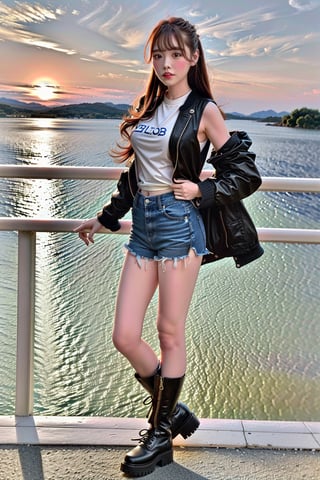 1 girl, solo, qbyc, masterpiece, top quality, best quality, long hair, tank top, jacket, shorts, boots, hills, full body view, sunset, looking_at_viewer