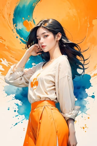 extreme detailed, (masterpiece), (top quality), (best quality), (official art), (beautiful and aesthetic:1.2), (stylish pose), (1 woman), (colorful), (orange-white theme: 1.5), ppcp, medium length skirt, 	looking into distance, long wave black hair, 
perfect,ChineseWatercolorPainting,Chromaspots