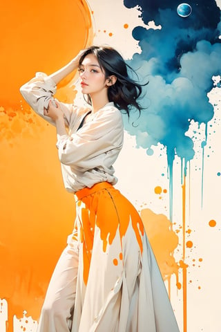 extreme detailed, (masterpiece), (top quality), (best quality), (official art), (beautiful and aesthetic:1.2), (stylish pose), (1 woman), (colorful), (orange-white theme: 1.5), ppcp, medium length skirt, 	looking into distance, long wave black hair, 
perfect,ChineseWatercolorPainting,Chromaspots