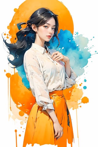 extreme detailed, (masterpiece), (top quality), (best quality), (official art), (beautiful and aesthetic:1.2), (stylish pose), (1 woman), (colorful), (orange-white theme: 1.5), ppcp, medium length skirt, 	looking into distance, long wave black hair, 
perfect,ChineseWatercolorPainting,Chromaspots