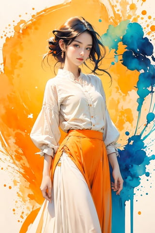 extreme detailed, (masterpiece), (top quality), (best quality), (official art), (beautiful and aesthetic:1.2), (stylish pose), (1 woman), (colorful), (orange-white theme: 1.5), ppcp, medium length skirt, 	looking into distance, long wave black hair, 
perfect,ChineseWatercolorPainting,Chromaspots,fairy