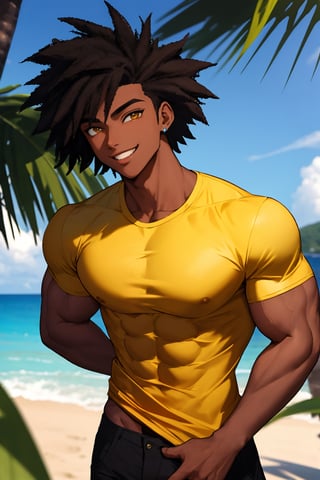 
Highly detailed.High Quality.Masterpiece. Beaitiful (mid close-up).

Young man of 20 years old, dark skin, tall and with a great physique (muscular). His hair is black, messy, short (very short). It has large and yellow color eyes. He wears a short red t-shirt and black pants. He is alone, but with a happy smile on the beach.