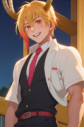 
Highly detailed.High Quality.Masterpiece. Beaitiful (medium shot).

Young man of 20 years old (similar to Tohru), with tanned skin, tall and with a great physique (muscular). She has short blonde hair and messy bangs with an orange gradient with pink tips on the side strands. It has large, slightly slanted, orange-red eyes (bright and well detailed). Basically his suit is like Tohru's, but he's a man, whit a red t-shirt and black pants. He is alone, with a light and cheerful smile on his face enjoying a beautiful night of moonlight and bright stars in the sky.
