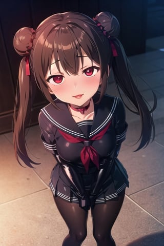 masterpiece, best quality,1girl,blush,black serafuku,school uniform,miniskirt,elbow gloves,shiny clothes,empty eyes,red eyes,brown hair,double bun,twintails,brown pantyhose,black choker,evil smile,((red lips)),(thick lips),