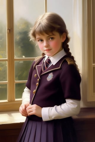 Realistic oil painting of a 10-year-old British schoolgirl in traditional English scxhool uniform, by John Singer Sargent, intricate details on the uniform and facial features, soft lighting from a window, capturing the innocence and youthfulness of childhood.