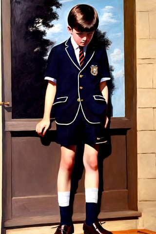 Highly detailed painting of a scared and sad British schoolboy wearing a traditional school uniform with shorts, from the 1960s, waiting in front of the headmaster's office, anticipating a caning.