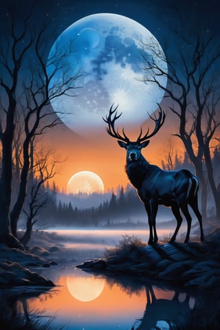 A mesmerizing illustration of a majestic stag standing proudly beneath a colossal, glowing blue moon. The stag's massive, lustrous antlers are silhouetted against the lunar glow, casting an eerie yet captivating atmosphere. Twisted trees surround the scene, their gnarled branches reaching towards the sky, showcasing unyielding strength. The serene stillness of a small pond beneath the stag reflects the moon's warm orange light, creating a tranquil environment. The skillful interplay of shadows and highlights adds depth to the scene, enhancing the enchanting, otherworldly charm of this magical tableau.