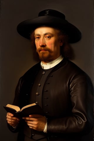 Highly detailed oil painting of a stern Quaker preacher, wearing a broad brim hat and plain clothes, holding a bible with a serious expression, realistic style inspired by the works of Jan van Eyck and Rembrandt. Studio lighting creates depth and texture in the painting. The intricate details in the subject's face and clothing bring the portrait to life.,photorealistic