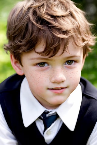 Closeup portrait of a young British primary schoolboy with ginger hair and freckles, wearing a grey school uniform, realistic painting style inspired by the works of John Singer Sargent, Edgar Degas, Paul Cézanne and Jan van Eyck. Soft lighting to emphasize the innocence and youthfulness of the subject. Highly detailed with intricate brushstrokes to capture every feature and expression on the boy's face.