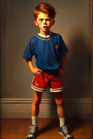  Realistic portrait of a 10-year-old boy with ginger hair, wearing shorts and a defiant expression on his face. The painting captures the essence of childhood rebellion and the need for discipline, reminiscent of Norman Rockwell's iconic style. (Realistic oil painting, detailed brushstrokes, studio lighting)
