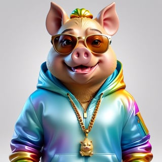 3D caricature by Cinema4D hyper-realistic character photography for mascot \"Kaijō"\ on a gold necklace.
The main object shows a half-body character, a hip-hop pig.
Wear a hooded jacket with a smooth, colorful gradient. Rainbow chrome surface tone Big smock cigar Golden sunglasses, an angry look, an exaggerated figure that looks perfect and sophisticated. symmetrical and serious Realistic digital cartoon style Plain white background