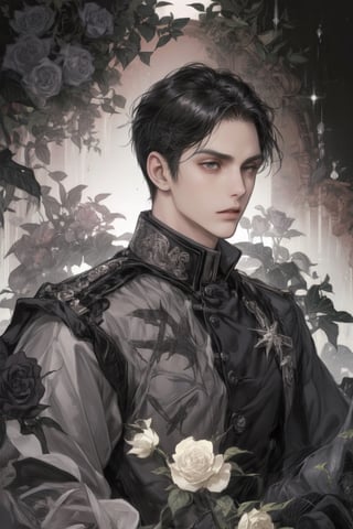 anime character with short black hair, black eyes, light background, black and white uniform, prince, noble, a character portrait, rococo.
slick back hair, male_focus, light_background, 1guy, 1boy, sole_male, black rose, {{{{solo}}}}, serious expression, elegant, black hair. long sleeves
