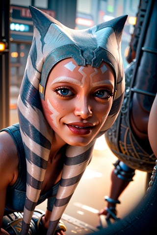 Ahsoka Tano, topless, naked, perfect boobs, ahegao face, best quality, masterpiece, beautiful and aesthetic, 16K, (HDR:1.4), high contrast, bokeh:1.2, lens flare, (vibrant color:1.4), (muted colors, dim colors, soothing tones:0), cinematic lighting, ambient lighting, sidelighting, Exquisite details and textures, cinematic shot, Warm tone, (Bright and intense:1.2), wide shot, by playai, ultra realistic illustration, siena natural ratio, anime style, 	(urban fantasy theme:1.4),	low angle view,	blonde bun hair,	(a lovely smile:1.2),	moaning face, mouth open, fright, pleasure, in a futuristic bedroom