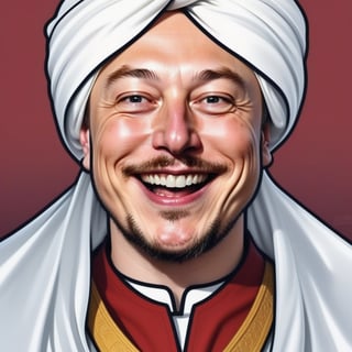 all stays the same, only add elon musk face, lengthy turkish long long mustache, real clothe turban, cartoonish, with big smile with golden tooth