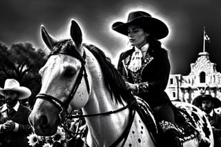 ansel adams style photo of a female charro rider looking down in front of the alamo, battle of flowers parade, horse with flowers, modern rainbow splatter paint, monet style, artistic layout and feel, high contrast image, 4k image, clear faces, good faces, in focus, black and white image, fiesta, in front of the alamo,SD 1.5