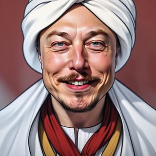 all stays the same, only add elon musk face, lengthy turkish long long mustache, real clothe turban, cartoonish, with big gangster smile