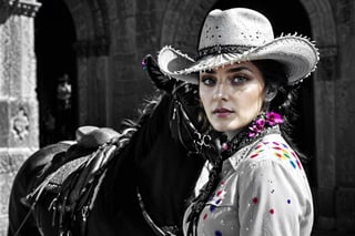 ansel adams style photo of a female charro rider looking down in front of the alamo, battle of flowers parade, horse with flowers, modern rainbow splatter paint, monet style, artistic layout and feel, high contrast image, 4k image, clear faces, good faces, in focus, black and white image, fiesta, in front of the alamo,SD 1.5, naked