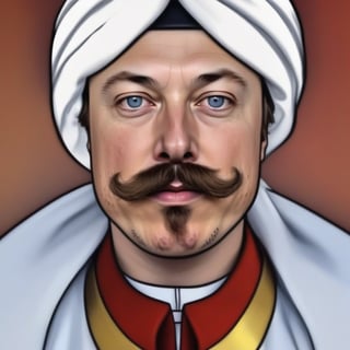all stays the same, only add elon musk face, lengthy turkish mustache, real clothe turban