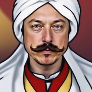 all stays the same, only add elon musk face, lengthy turkish mustache, real clothe turban, wow 