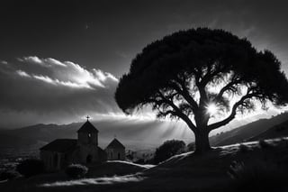 black and white realistic photo, california hill country,   very large rustic stone built spanish mission san jose in the background, detail and vibrant, barroque style, 8k, sunrise,3D, Masterpiece, black and white, infrared exposure, two thirds rule of photography, adam ansel style, cumulus clouds, hills and pine tree, medium perspective, sunlight rays shining through eucalyptus tree, mysterious, SD1.5, offset focus, perspective at 33 degrees, realistic eucalyptus trees and leaves, feng shui style, image subject are balanced