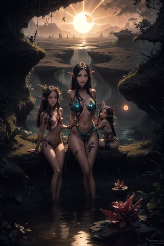 Three curious elves, their features delicate and innocent, gaze up at the radiant glow of the alien sun as it sets on the horizon. Long, vibrant locks flow behind them like a rainbow-hued river, adorned with tiny, shimmering gemstones that catch the light. The girls' attire, a fusion of terrestrial fantasy and extraterrestrial flair, leaves little to the imagination. Amidst the lush, otherworldly flora, they stand amidst an expedition team, surrounded by an array of bizarre fauna, their research equipment scattered about them like treasure.