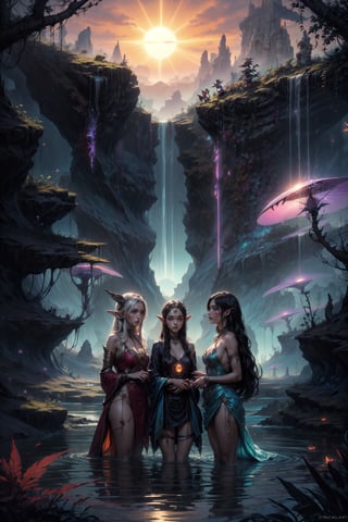 Three curious elves, their features delicate and innocent, gaze up at the radiant glow of the alien sun as it sets on the horizon. Long, vibrant locks flow behind them like a rainbow-hued river, adorned with tiny, shimmering gemstones that catch the light. The girls' attire, a fusion of terrestrial fantasy and extraterrestrial flair, leaves little to the imagination. Amidst the lush, otherworldly flora, they stand amidst an expedition team, surrounded by an array of bizarre fauna, their research equipment scattered about them like treasure.