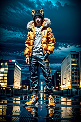 solo, looking at viewer, 1fox, standing, jacket, tail, male focus, outdoors, shoes, pants, hood, water, fox ears, fox tail, building, sneakers, furry, reflection, science fiction, city, furry male, mechanical arms, cyborg, prosthesis, fox, orange jacket, cyberpunk, mechanical legs, orange fur