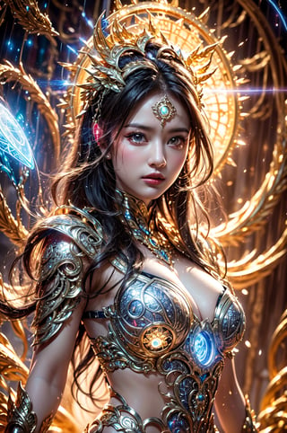 (goddess,venus,iron woman),busty,(Intricate luminous armor design:1.2),white plasma electromagnetic shield,crystal and silver entanglement,Star flash,(Persian Paisley clothes),glowing forehead