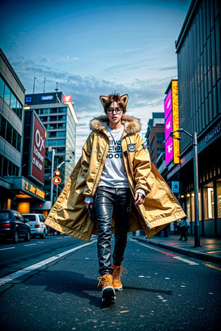 solo, looking at viewer, 1fox, standing, jacket, tail, male focus, outdoors, shoes, pants, hood, water, fox ears, fox tail, building, sneakers, furry, reflection, science fiction, city, furry male, mechanical arms, cyborg, prosthesis, fox, orange jacket, cyberpunk, mechanical legs, orange fur