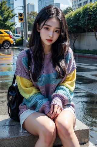 a beautiful woman, black hair, wearing a rainbow colored sweater, sitting on a sidewalk covered in rainwater, lightning effect, heavy rain