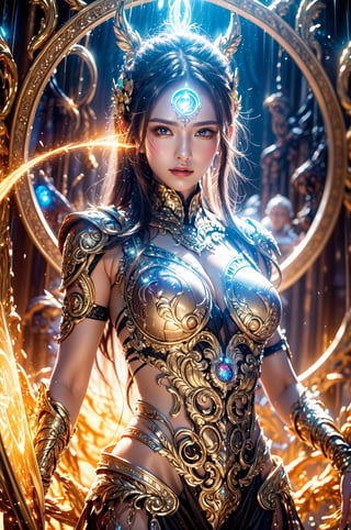 (goddess,venus,iron woman),busty,(Intricate luminous armor design:1.2),white plasma electromagnetic shield,crystal and silver entanglement,Star flash,(Persian Paisley clothes),glowing forehead