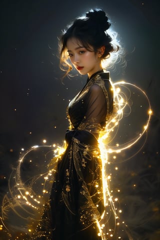 a beautiful Korean woman, avant-garde artistic dress, in a modern art gallery, glowing abstract sculptures, magical, fantasy, dreamy. shallow depth of field, vignette, highly detailed, high budget, bokeh, cinemascope, moody, epic, gorgeous, film grain, grainy, cinematic film, alive.