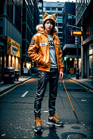 solo, looking at viewer, 1fox, standing, jacket, tail, male focus, outdoors, shoes, pants, hood, water, fox ears, fox tail, building, sneakers, furry, reflection, science fiction, city, furry male, mechanical arms, cyborg, prosthesis, fox, orange jacket, cyberpunk, mechanical legs, orange fur