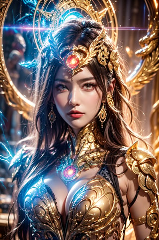 (goddess,venus,iron woman),busty,(Intricate luminous armor design:1.2),white plasma electromagnetic shield,crystal and silver entanglement,Star flash,(Persian Paisley clothes),glowing forehead