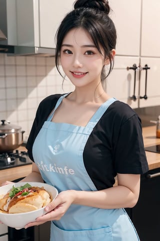 beautiful, 1girl,
(Black hair:1.2), hair tied up into a bun
smile, blue T-shirt under pink apron, hk_girl, holding a big delicious meal dish with both hands, kitchen background, wife, waifu,blurred background