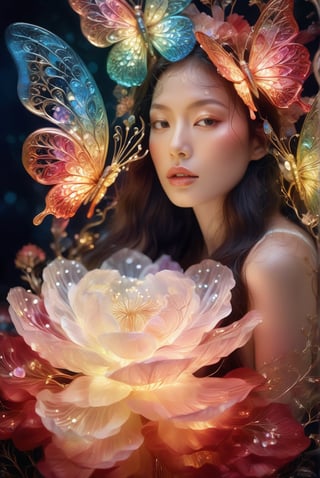 fashion shoot, beautiful goddess, perfect sweet face and eyes, Alcohol ink, splatter art, multicolor oil painting, Miki Asai Macro photography, long blowing hair, Fantastic Realism and Sharp Focus, Mysterious Filigree Elements, filigree red drops, filigree multicolored buterflies, Glowing Accents, fantasy art, watce, golden appear naturally, symmetrical, glowing crystals,Ceramic_Animal