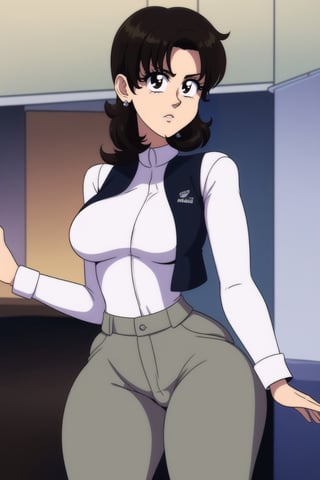 Miki Saegusa, short curly bob curvy bang brown hair, brown eyes, curvy wide hips, Bootylicious, (brown_vest), white_shirt, brown_grey_long_pants, black footwear boots, silver earrings, looking-at-viewer, office_room, masterpiece,  best quality,  detailed face,  detailed eyes, high_resolution,