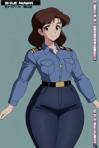 42 year old Mature Milf Female, blue long sleeves police uniform,tight dark blue trousers, black boots, short neck curvy bang brown hair, brown eyes, curvy wide hips, Thicc Juicy Big Butt, 60 inches butt size, character_sheet, looking-at-viewer, masterpiece, best quality, detailed face, HD detailed, high_resolution, Shinji_Nishikawa_Artstyle, Shoujo_Anime,90s Aesthetic, reference sheet, 1980s \(style\),
